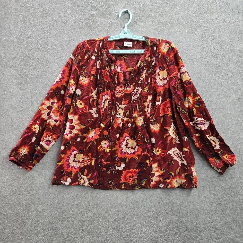 Old Navy Women Blouse L Red Floral V-Neck‎ Pullover